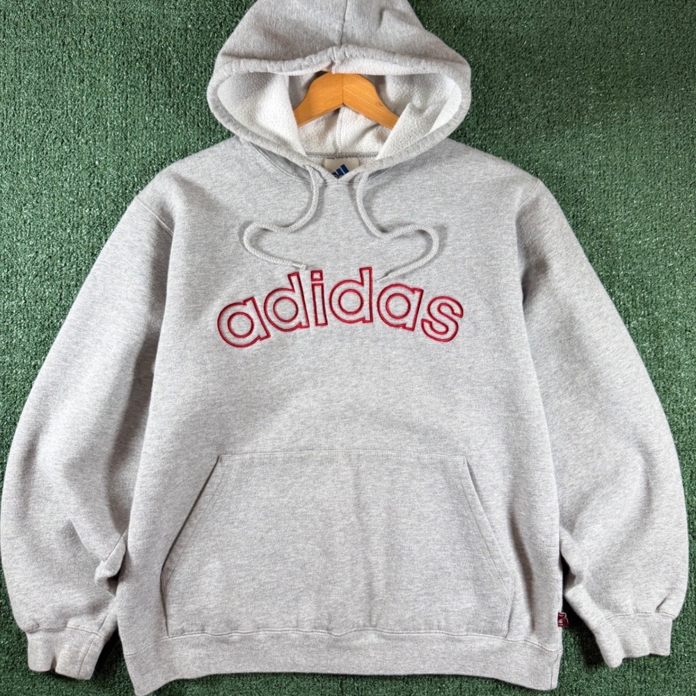 Adidas Hoodie Mens Size M Gray Good Spellout Embroidered Pullover Sweatshirt